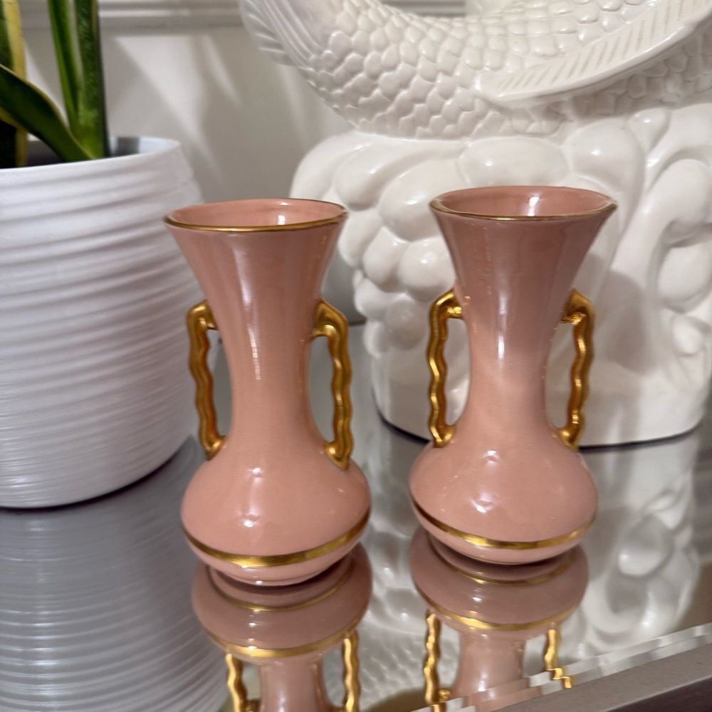 Vintage Art Deco 1920-1940’s Pink & Gold Bud Vases Set of 2